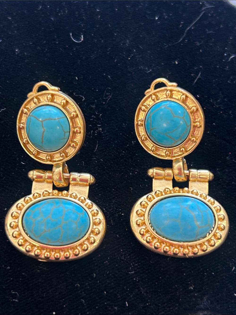 Designer Stamped Matte Gold Turquoise Drop Earrings-NWT